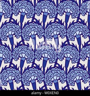 Woodblock printed indigo dye  all over seamless ethnic floral all over pattern. Traditional oriental motif of India, flowers of Rajasthan, with blue Stock Vector