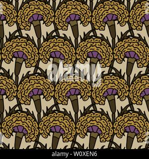 Woodblock printed seamless all over floral pattern. Traditional oriental ethnic ornament of India Rajastan, yellow marigolds on ecru background. Stock Vector