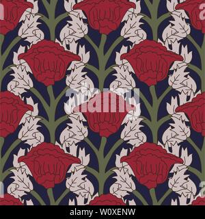 Woodblock printed seamless all over ethnic floral pattern. Traditional oriental motif of India with red poppies on indigo blue background. Stock Vector