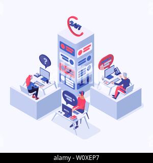 C customer service vector isometric illustration. Call center, online support, hotline operators, consultant managers 3d cartoon characters. Teamwork, office workers with headphones at workplace Stock Vector