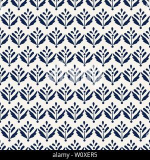 Indigo dye all over seamless woodblock printed floral pattern. Traditional oriental Indian ethnic ornament, navy blue on ecru  background. Textile des Stock Vector