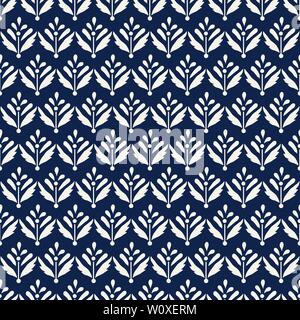 Indigo dye all over seamless woodblock printed paisley pattern. Traditional oriental Indian ethnic ornament, ecru on navy blue background. Textile des Stock Vector