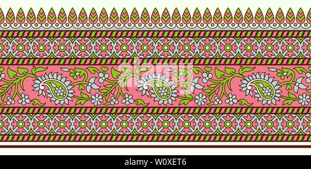 Woodblock printed seamless ethnic floral border. Traditional oriental ornament of India, paisley motif, green, pink and blue tones on ecru background. Stock Vector