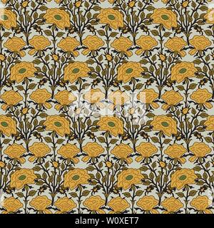 Woodblock printed seamless all over ethnic floral pattern. Traditional oriental motif of India with bouquets of yellow roses on ecru background. Stock Vector