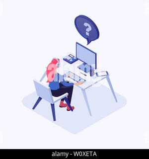 Hotline operator vector isometric illustration. Female consultant, employee with headphones at workplace, online global technical support. 3d cartoon character sitting at desk working on computer Stock Vector