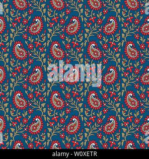 Woodblock printed indigo dye seamless ethnic floral pattern. Traditional oriental ornament of India, all over paisley motif, red and golden on blue Stock Vector