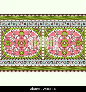 Woodblock printed seamless ethnic floral border. Traditional oriental ornament of India, kaleidoscope motif, green, pink and blue tones on ecru. Stock Vector