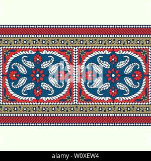 Woodblock printed indigo dye seamless ethnic floral border. Traditional oriental ornament of India, kaleidoscope motif, blue, red and gold on ecru. Stock Vector