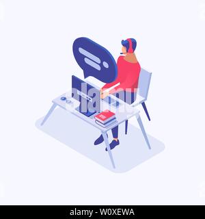 Online assistant vector isometric illustration. Customer support male consultant, marketer, trader, office worker at workplace 3d cartoon character. Consultation, telemarketing, speech bubble Stock Vector