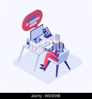 Customer support operator vector isometric illustration. Male consultant, employee, programmer, project manager, office worker working on computer at call center. 3d cartoon character sitting at desk Stock Vector