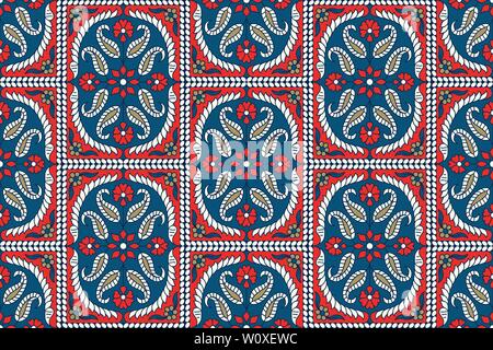 Woodblock printed indigo dye seamless ethnic floral paisley pattern. Traditional oriental ornament of India, damask motif, golden, ecru and red Stock Vector