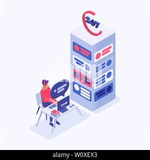 helpline vector isometric illustration. Call center manager, hotline operator 3d cartoon characters. Around the clock online tech support, office worker with headphones sitting at desk Stock Vector
