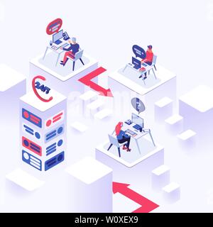 Online support vector isometric illustration. Helpline operators with headset, consultant managers 3d cartoon characters. Online global tech support, office workers with headphones at workplace Stock Vector