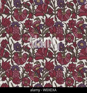 Woodblock printed seamless all over ethnic floral pattern. Traditional oriental motif of India with carnations on ecru background. Textile design. Stock Vector