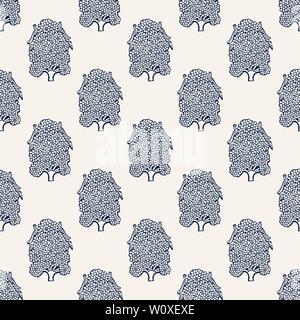 Indigo dye woodblock printed seamless ethnic floral all over pattern. Traditional oriental ornament of India, fruit trees and birds, navy blue on ecru Stock Vector