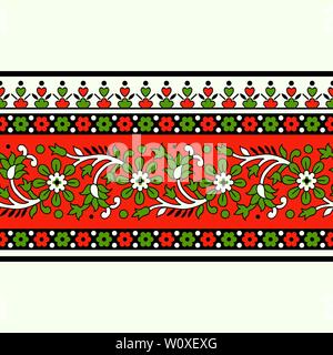 Woodblock printed seamless ethnic floral border. Traditional oriental ornament of India, meander motif with flowers, red and green  on ecru background Stock Vector