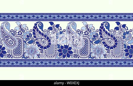 Woodblock printed indigo dye seamless ethnic floral border. Traditional oriental ornament of India, paisley and flowers motif, blue on ecru background Stock Vector