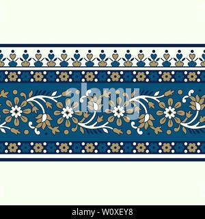 Woodblock printed indigo dye seamless ethnic floral border. Traditional oriental ornament of India, meander motif with flowers, gold and blue on ecru. Stock Vector
