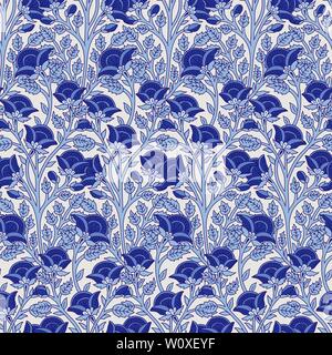 Woodblock printed indigo dye seamless ethnic floral all over pattern. Traditional oriental motif of India, flowers of Kashmir, with blue poppies Stock Vector