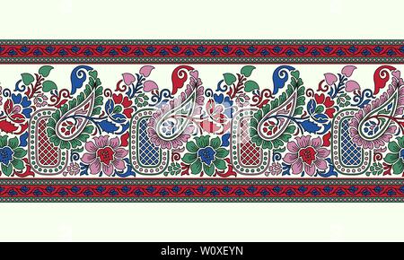Woodblock printed seamless ethnic floral border. Traditional oriental ornament of India, paisley and flowers motif, red, green, pink and blue on ecru. Stock Vector