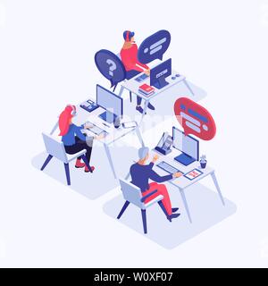 Call center vector isometric illustration. Customer service operators with headset consulting clients, managers 3d cartoon characters. All-day tech support, office workers at workplace Stock Vector