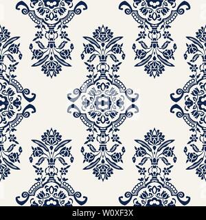 Indigo dye woodblock printed seamless ethnic floral all over pattern. Traditional oriental ornament of India with exotic flowers of Kashmir, navy blue Stock Vector