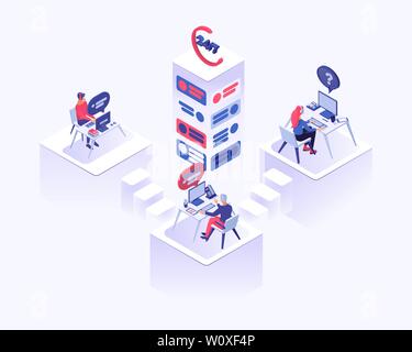 Call center office vector isometric illustration. Male and female consultant managers advising clients 3d cartoon characters. Tech support, office workers with headset sitting at desk Stock Vector