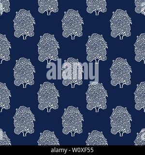 Indigo dye woodblock printed seamless ethnic floral all over pattern. Traditional oriental ornament of India, fruit trees and birds, ecru on navy blu. Stock Vector