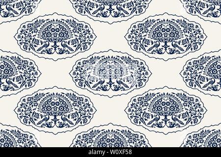 Indigo dye woodblock printed seamless ethnic floral damask pattern. Traditional oriental ornament of India, flowers and peacocks, navy blue on ecru. Stock Vector