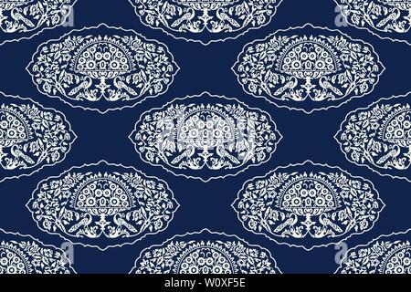 Indigo dye woodblock printed seamless ethnic floral damask pattern. Traditional oriental ornament of India, flowers and peacocks, ecru on navy blue. Stock Vector