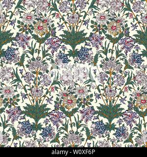 Woodblock printed seamless ethnic all over floral pattern. Traditional oriental motif of of India Jaipur, bunch of chrysanthemums, lilies, roses Stock Vector