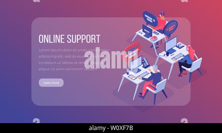Online support center isometric landing page. Customer service operators at call center office, managers at workplace, assistance team vector layout. Client assistance 3d illustration Stock Vector
