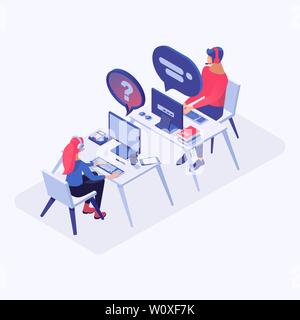 Hotline office workers vector isometric illustration. Call center operators in headset at workplace, consultant managers 3d cartoon characters. Email, live support assistance Stock Vector