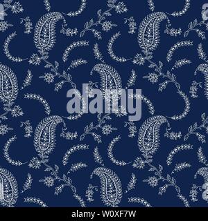 Indigo dye seamless paisley floral pattern. Traditional wood block printed  oriental ethnic motifs of India, Uttar Pradesh, ecru on navy blue. Stock Vector