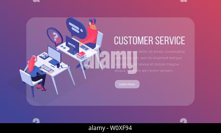 Customer service isometric landing page. Office workers, operators, employees, managers at workplace helping clients, teamwork, technical support website, webpage vector layout with 3d illustration Stock Vector