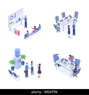 Teamwork vector isometric illustrations set. Business people, managers, employees at workplace 3d cartoon characters. Management, analytics, business trainings, employment, negotiations Stock Vector