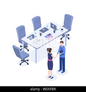 Successful business negotiations vector isometric illustration. HR agent, employer and employee in meeting room 3d cartoon characters. Business partnerships, agreement for cooperation, job interview Stock Vector
