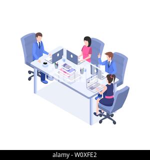 Business meeting vector isometric illustration. Office staff, managers, employee 3d cartoon characters. Teamwork, coworkers exchanging ideas, making discussion, briefing, brainstorming Stock Vector
