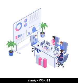 Business analytics training vector isometric illustration. Managers and supervisors, office staff in meeting room 3d cartoon characters. Data analytics, brainstorming ideas, partners negotiations Stock Vector