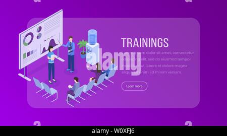 Trainings isometric landing page. Business presentation, meeting, seminar, staff training, market research, statistics, financial analysis website vector layout. Company briefing 3d illustration Stock Vector