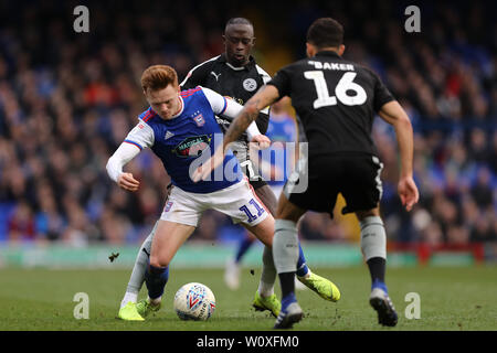 Jon Nolan of Ipswich Town battles with Modou Barrow and Lewis Baker of Reading - Ipswich Town v Reading, Sky Bet Championship, Portman Road, Ipswich - 2nd March 2019  Editorial Use Only - DataCo restrictions apply Stock Photo