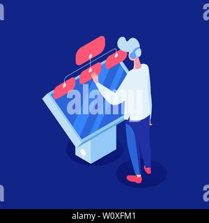 Customer support vector isometric illustration. Call center operator, client manager interact with monitoring system 3d cartoon character. Machine learning, AI, artificial intelligence Stock Vector