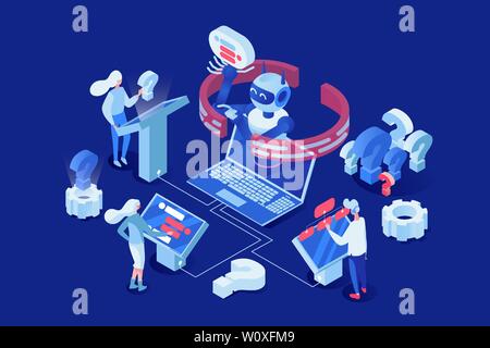 Artificial intelligence vector isometric illustration. People, clients chatting with chatbot 3d cartoon characters. AI, technological computer modernization, customer support concept Stock Vector