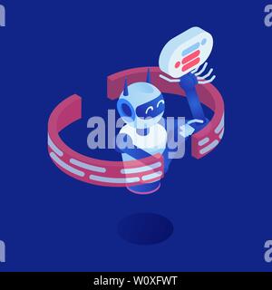 Internet robot vector isometric illustration. Futuristic bot, virtual assistant, chatbot 3d cartoon character. Artificial intelligence, machine learning industry, nanotechnology, smart technology Stock Vector