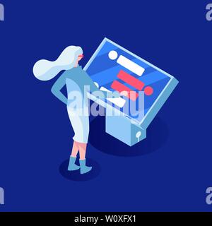 Customer support vector isometric illustration. Artificial intelligence, ai. Young girl standing in front of interactive monitor, call center operator working with digital display 3d cartoon character Stock Vector
