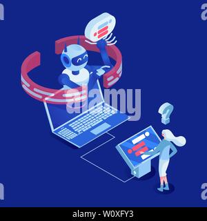 Client use chatbot vector isometric illustration. Office employee working with digital display 3d cartoon character. High tech modernization, customer support, artificial intelligence, AI concept Stock Vector