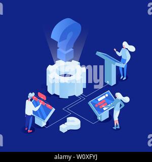 Innovative technologies vector isometric illustration. People working with interactive displays, question sign with cogwheel 3d cartoon characters. Machine learning, artificial intelligence, AI Stock Vector