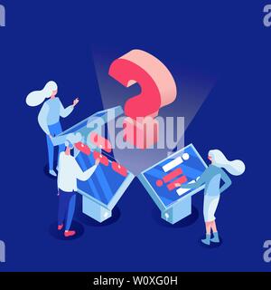 Machine learning vector isometric illustration. People, employees, client managers working with computers 3d cartoon characters. Customer support, device screen, graphs, analytics Stock Vector