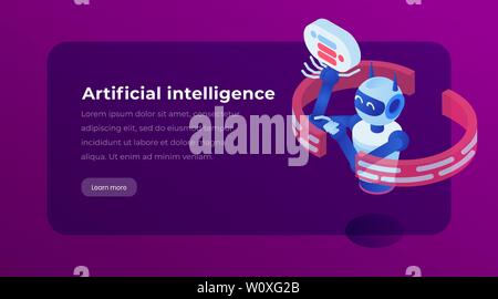 Artificial intelligence isometric landing template page. Virtual assistance chatbot, software application, website vector layout. AI, cybernetic technology 3d concept illustration Stock Vector