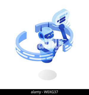 Internet bot flat vector illustration. Futuristic robot program, virtual assistant, chatbot, 3d cartoon character. Artificial intelligence, AI, software app, data analyze, cybernetics Stock Vector